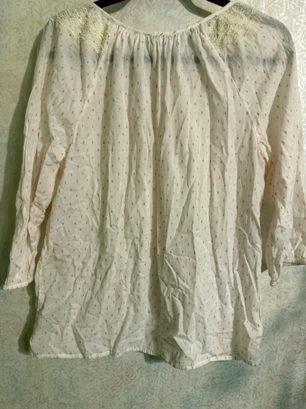 J. Crew Sheer Peasant Top With Tiny‎ Pink Diamond Print , Lace Detail On Collar